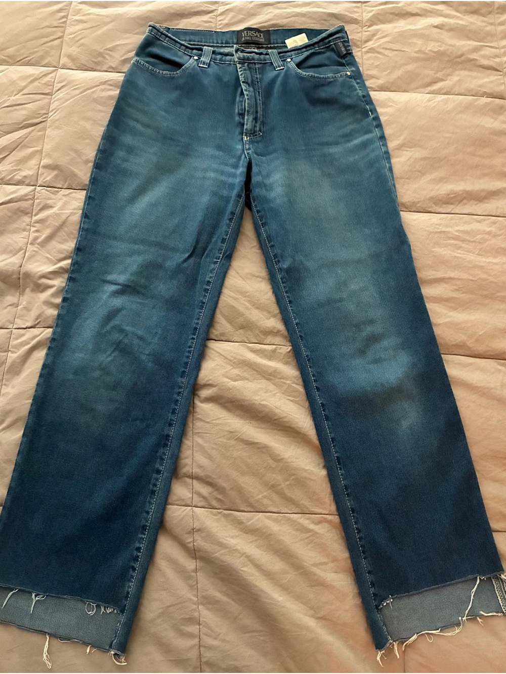 Vintage Versace Women's Dark Blue Straight Jeans with Raw Hem